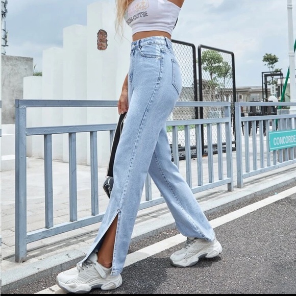 Split Hem Blue Jeans straight leg - Picture 2 of 5